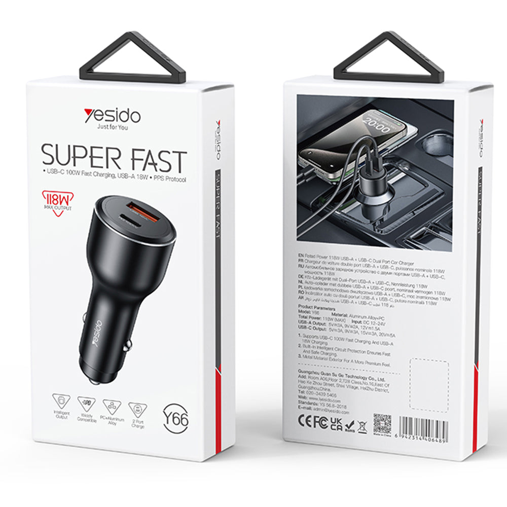 Carregador Auto Yesido Y65, 100W, 5A, 1 x USB-A - 1 x USB-C, Preto