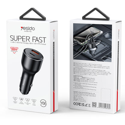 Carregador Auto Yesido Y65, 100W, 5A, 1 x USB-A - 1 x USB-C, Preto