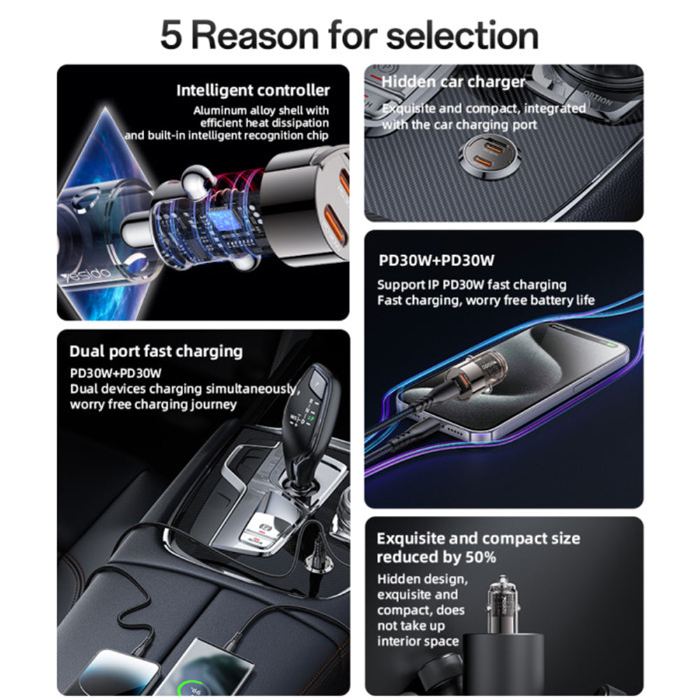 Carregador Auto Yesido Y69, 30W, 3A, 2 x USB-C, Preto