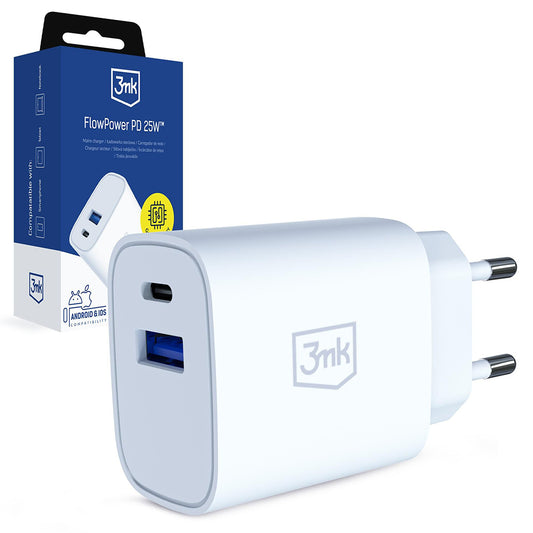 Carregador de Rede 3MK FlowPower, 25W, 1 x USB-A - 1 x USB-C, Branco