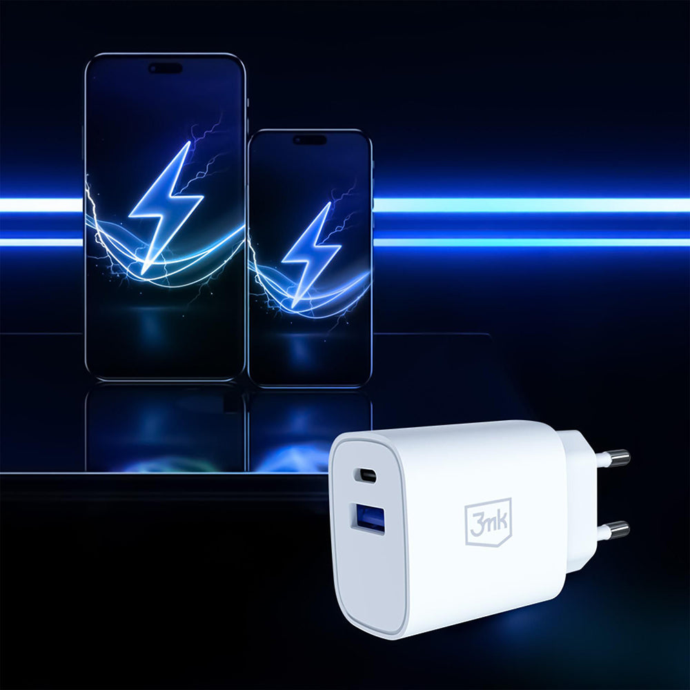 Carregador de Rede 3MK FlowPower, 25W, 1 x USB-A - 1 x USB-C, Branco