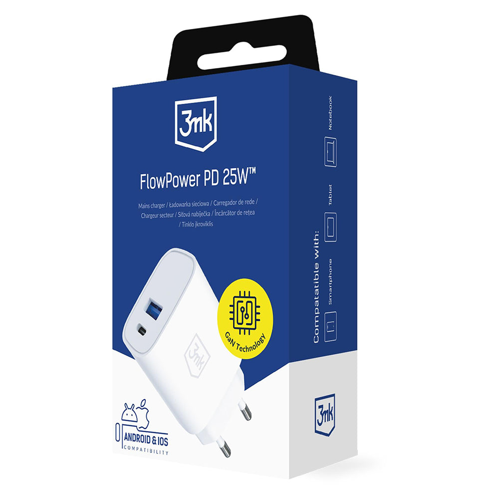 Carregador de Rede 3MK FlowPower, 25W, 1 x USB-A - 1 x USB-C, Branco