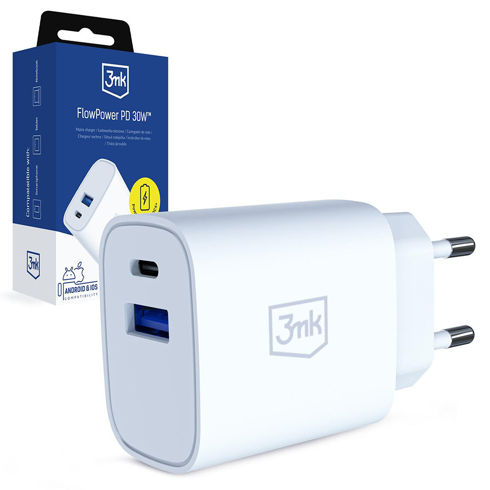 Carregador de Rede 3MK FlowPower, 30W, 1 x USB-A - 1 x USB-C, Branco