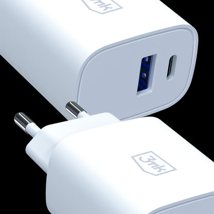 Carregador de Rede 3MK FlowPower, 30W, 1 x USB-A - 1 x USB-C, Branco