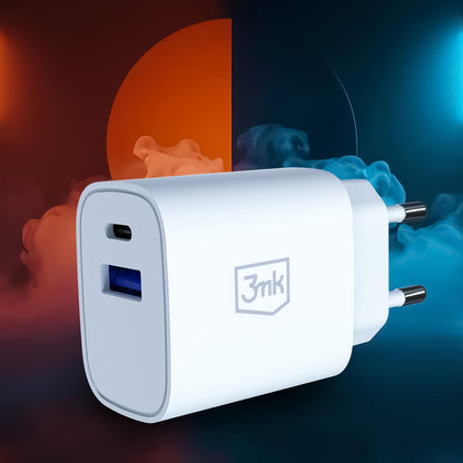 Carregador de Rede 3MK FlowPower, 30W, 1 x USB-A - 1 x USB-C, Branco