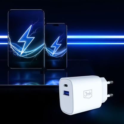 Carregador de Rede 3MK FlowPower, 30W, 1 x USB-A - 1 x USB-C, Branco