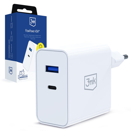 Carregador de Rede 3MK FlowPower, 45W, 1 x USB-A - 1 x USB-C, Branco