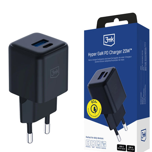 Carregador de Rede 3MK Hyper, 20W, 3A, 1 x USB-A - 1 x USB-C, Preto