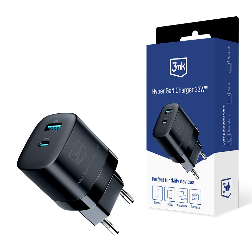 Carregador de rede 3MK HyperCharger GaN, 33W, 3A, 1 x USB-A - 1 x USB-C, preto 