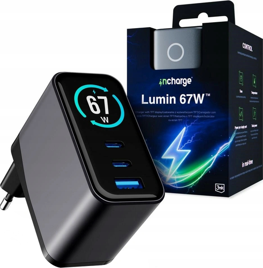 Carregador de Rede 3MK InCharge Lumin Display, 67W, 5A, 1 x USB-A - 2 x USB-C, Preto