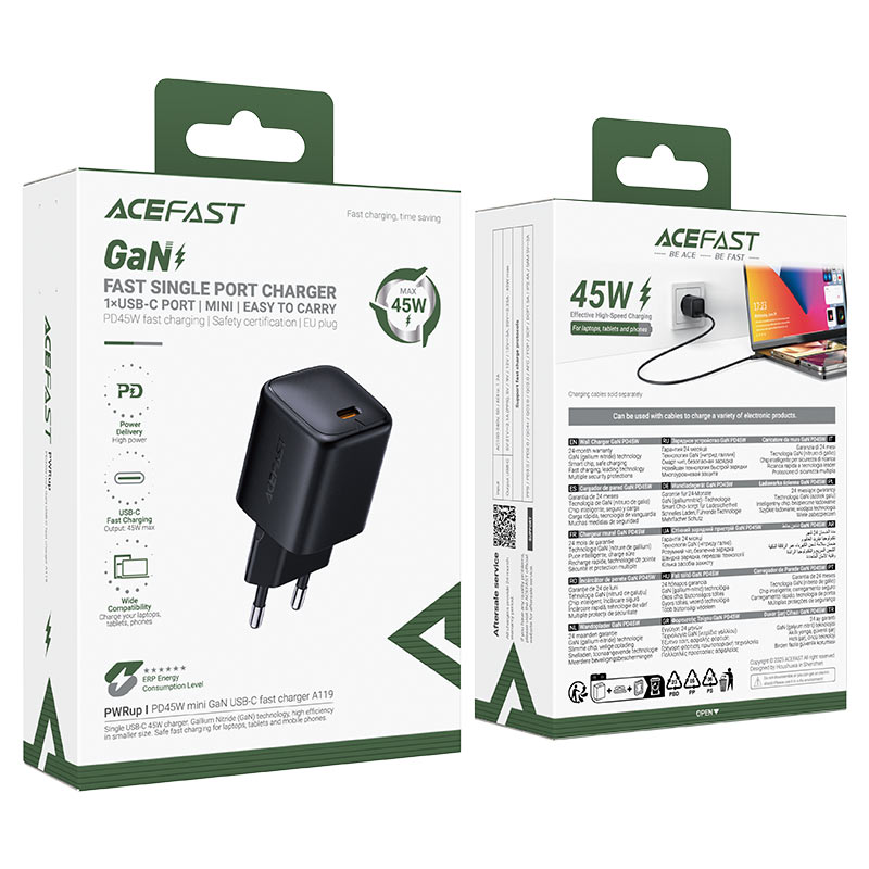 Carregador de Rede Acefast A119, 45W, 3A, 1 x USB-C, Preto