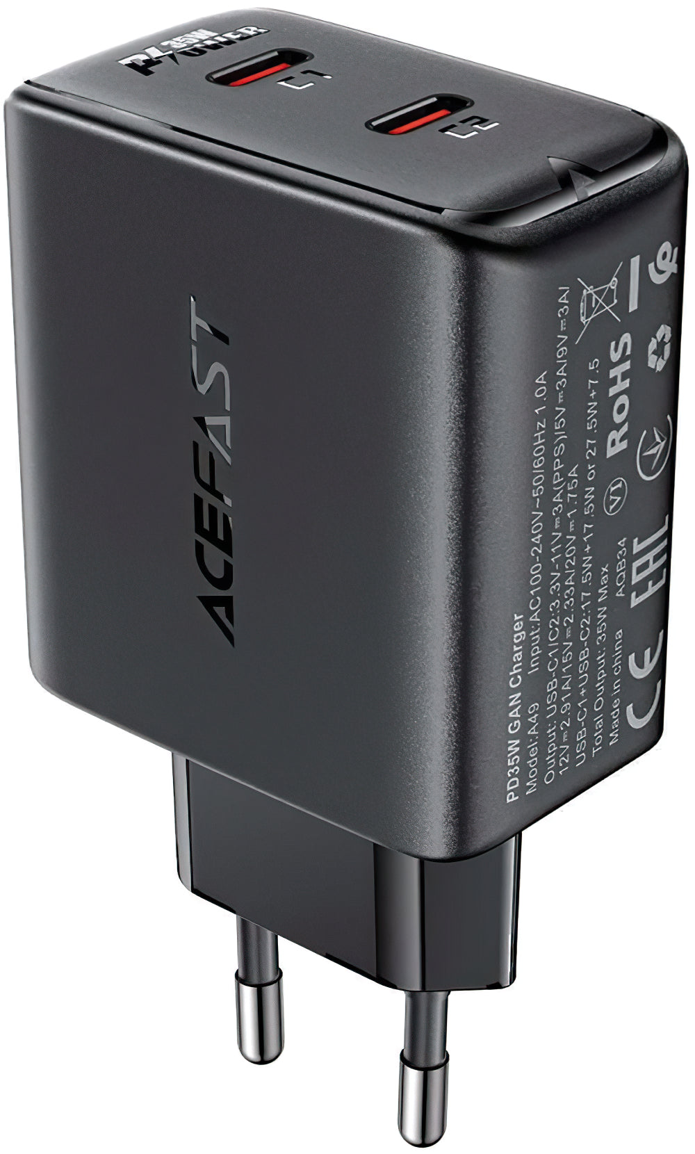 Carregador de rede Acefast A49, 35W, 3A, 2 x USB-C, preto 