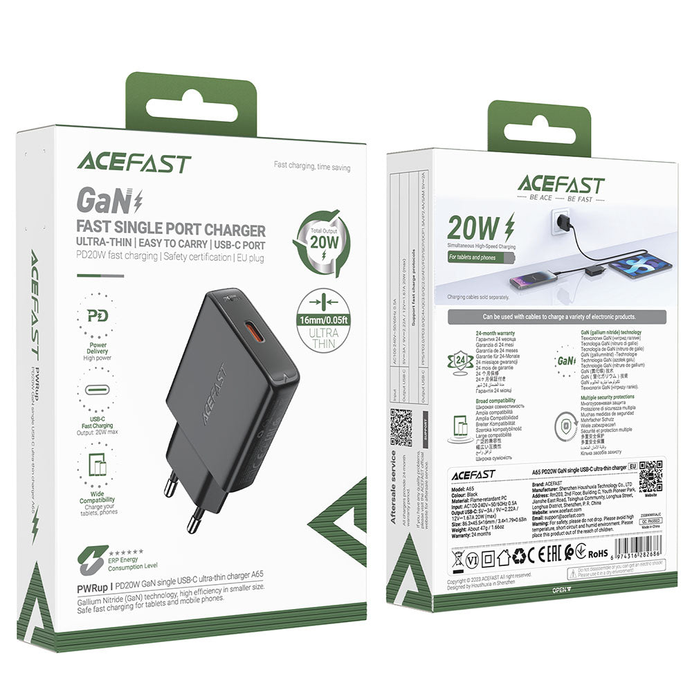 Carregador de Rede Acefast A65, 20W, 3A, 1 x USB-C, Preto