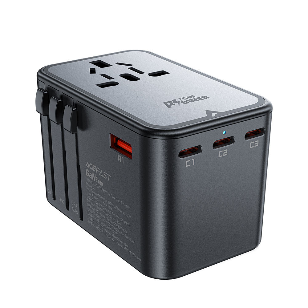 Carregador de Rede Acefast Travel Z1, 75W, 3.35A, 2 x USB-A - 3 x USB-C, Preto