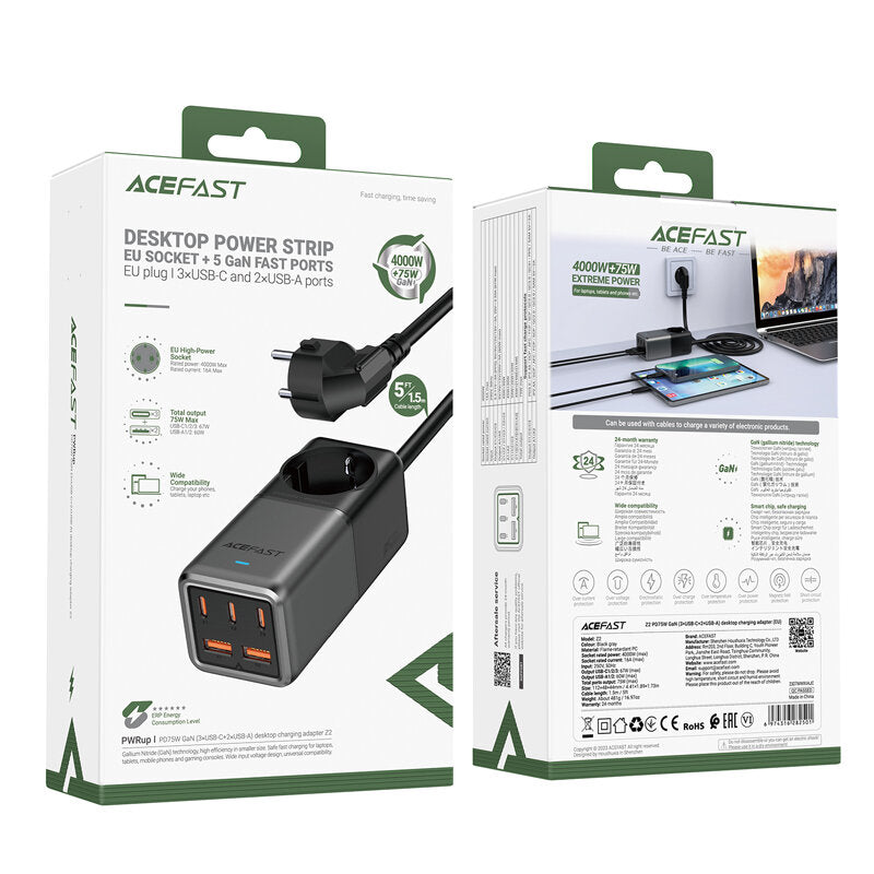 Carregador de rede Acefast Z2 GaN, 75W, 5A, 2 x USB-A - 3 x USB-C - 1 x Schuko, cinzento