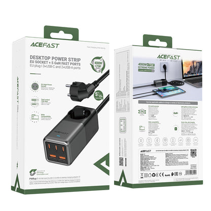 Carregador de rede Acefast Z2 GaN, 75W, 5A, 2 x USB-A - 3 x USB-C - 1 x Schuko, cinzento