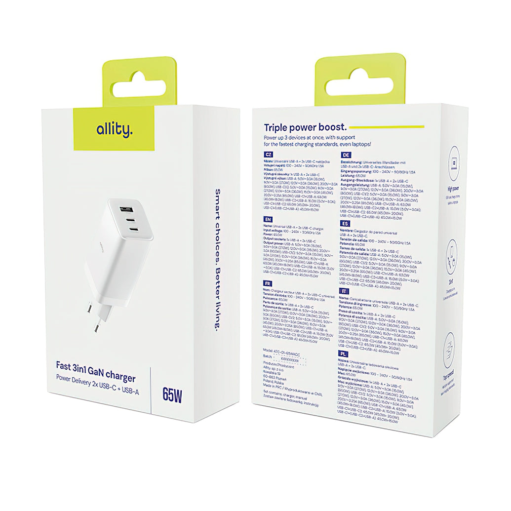 Carregador de Rede Allity. ATC-01-65WACC Fast, 65W, 3.25A, 1 x USB-A - 2 x USB-C, Branco