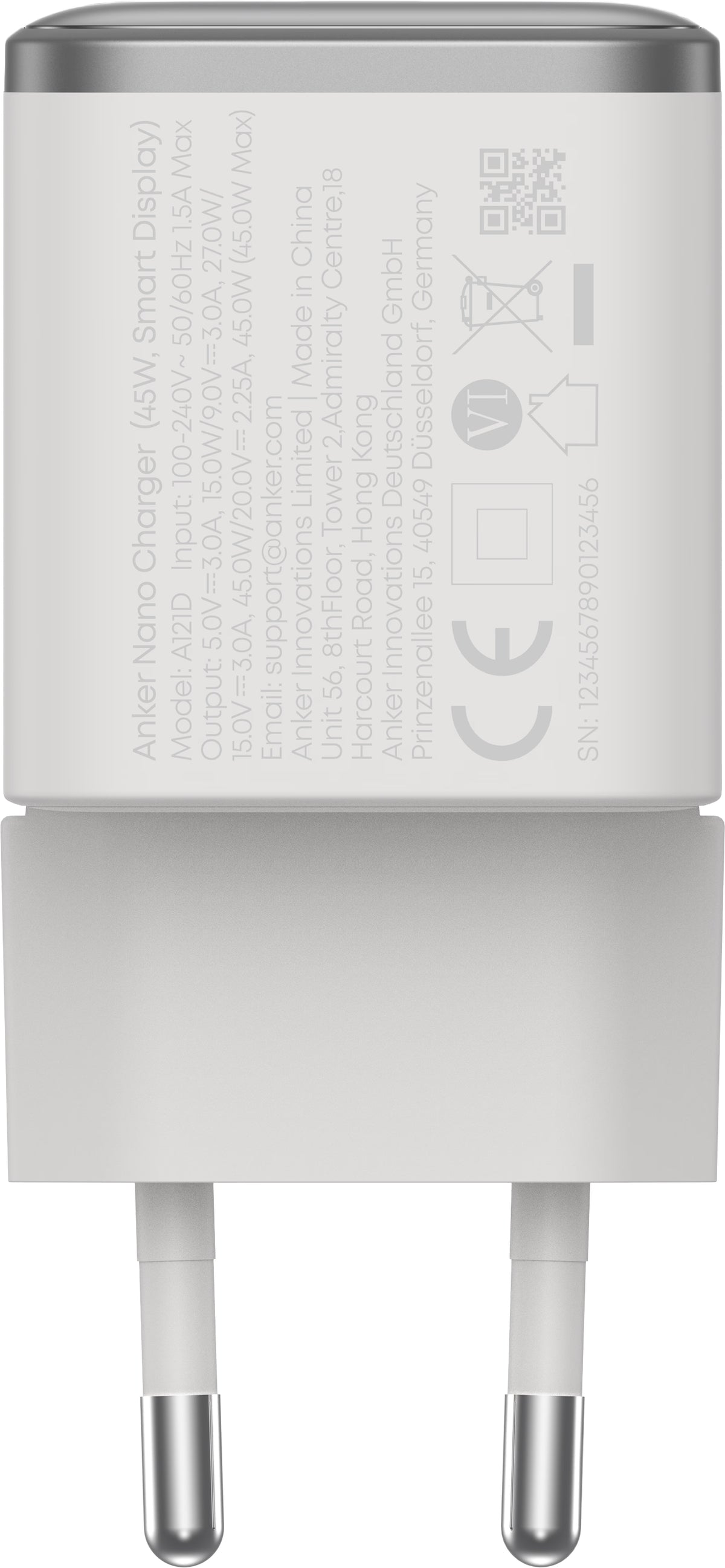 Anker Nano Display Wall Charger, 45W, 3A, 1 x USB-C, White A121DG21