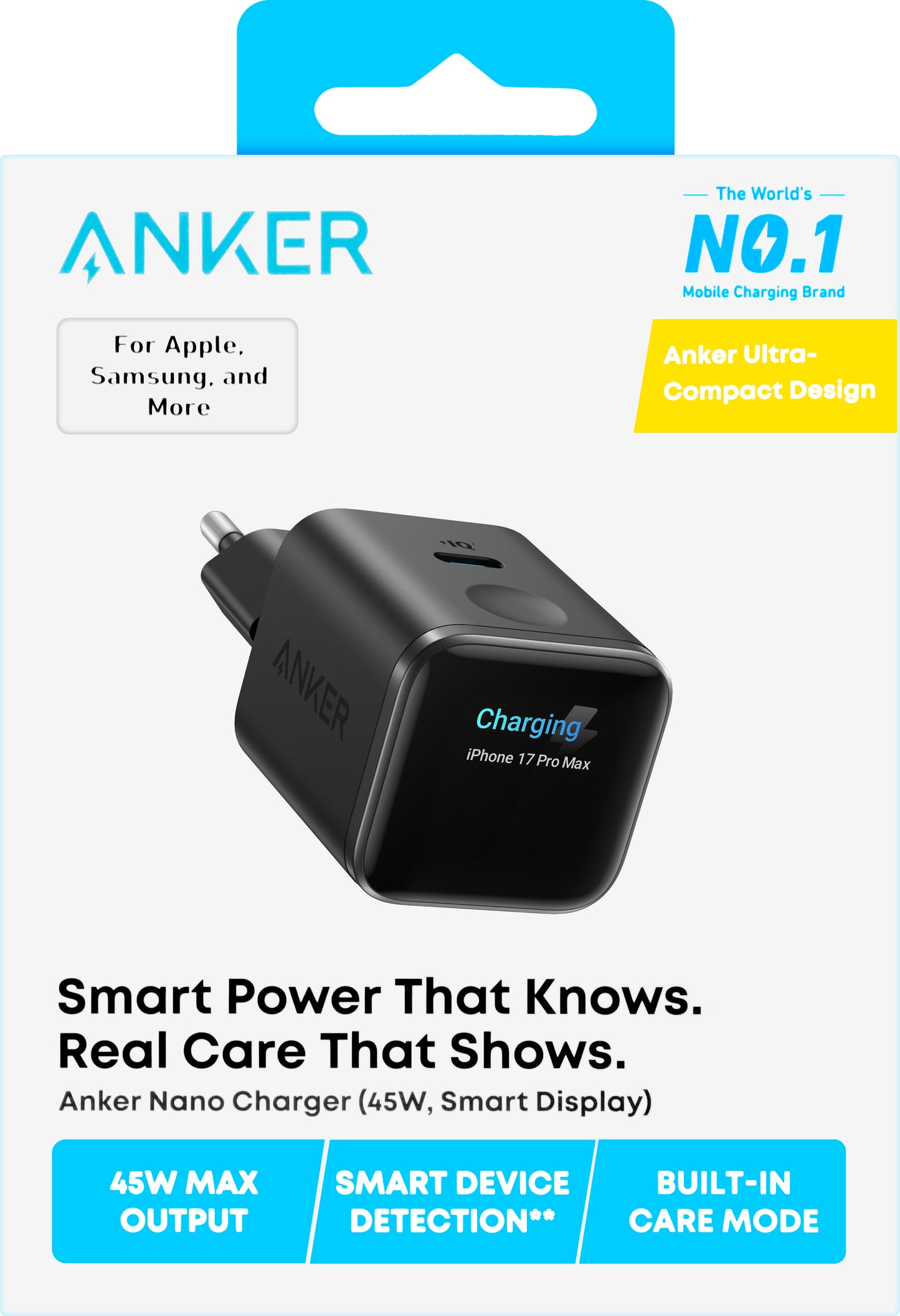 Carregador de Rede Anker Nano Display, 45W, 3A, 1 x USB-C, Preto A121DG11