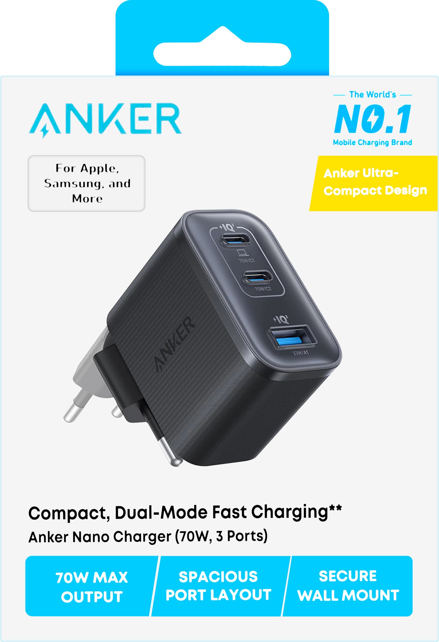 Carregador de Rede Anker Nano, 70W, 3.5A, 1 x USB-A - 2 x USB-C, Preto A121AL11