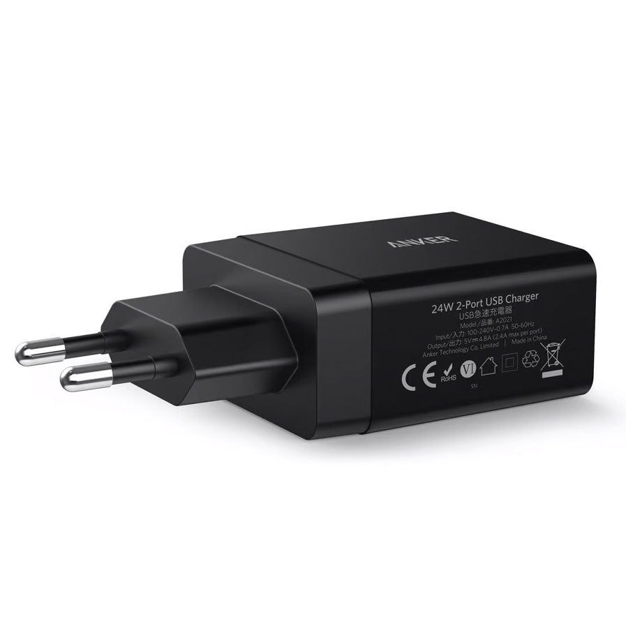 Carregador de rede Anker PowerPort, 24 W, 2,4 A, 2 x USB-A, preto A2021L11 