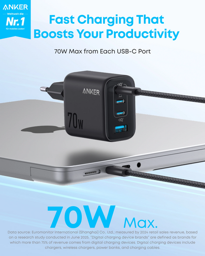 Carregador de Rede Anker Zolo, 70W, 3.5A, 1 x USB-A - 3 x USB-C, Preto A121CG11