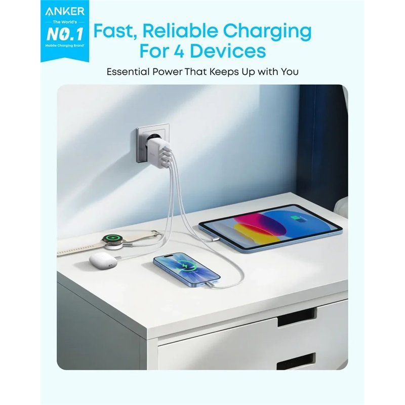 Carregador de Rede Anker Zolo, 50W, 3A, 2 x USB-A - 2 x USB-C, Branco A121EG21