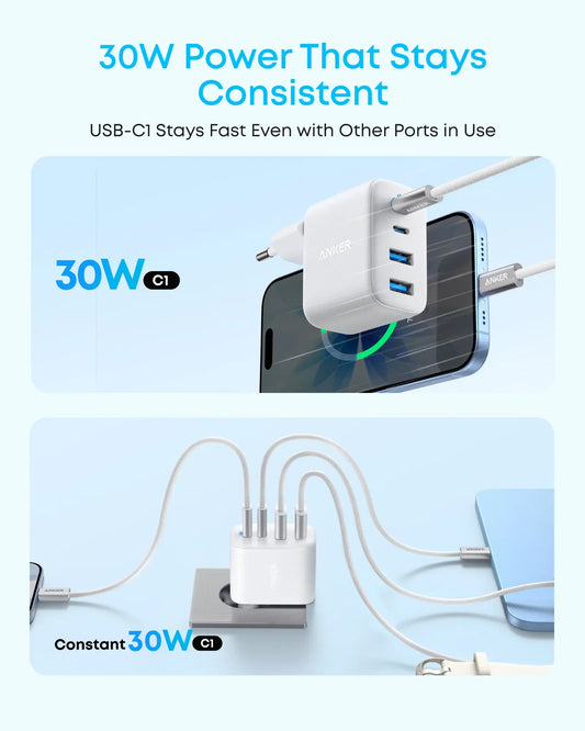 Carregador de Rede Anker Zolo, 50W, 3A, 2 x USB-A - 2 x USB-C, Branco