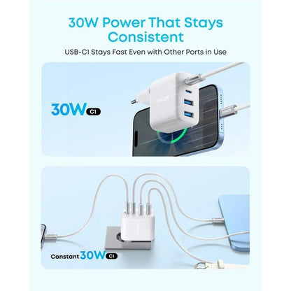Carregador de Rede Anker Zolo, 50W, 3A, 2 x USB-A - 2 x USB-C, Branco A121EG21
