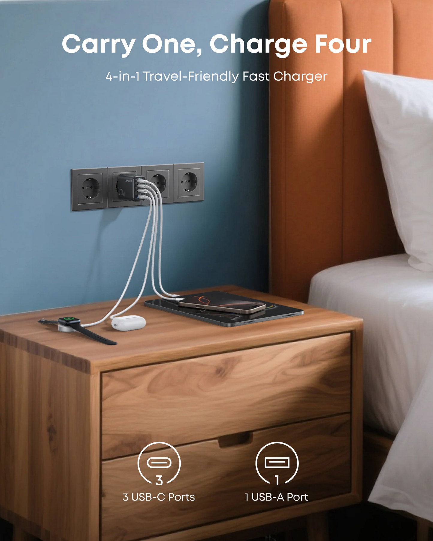 Carregador de Rede Anker Zolo, 70W, 3.5A, 1 x USB-A - 3 x USB-C, Preto A121CG11