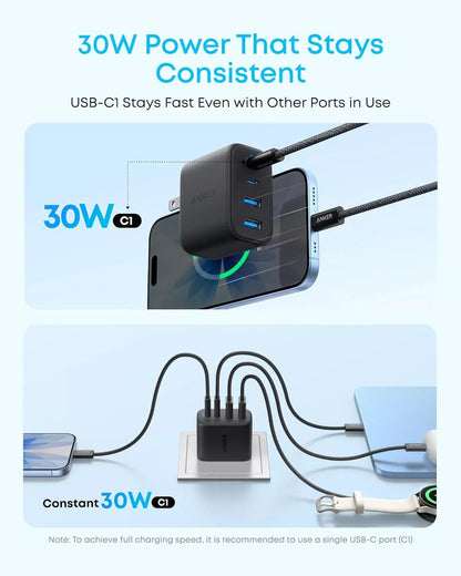Carregador de Rede Anker Zolo, 50W, 3A, 2 x USB-A - 2 x USB-C, Preto A121EG11