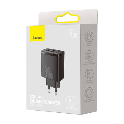 Carregador de rede compacto Baseus, 30W, 3A, 1 x USB-C - 2 x USB-A, preto CCXJ-E01