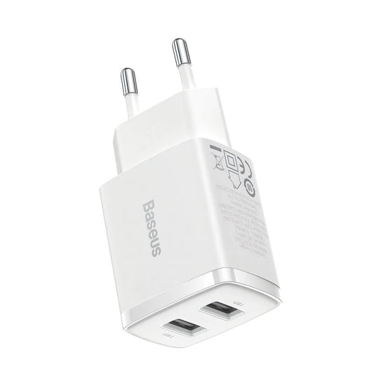 Carregador de Rede Baseus Compact, 10.5W, 2.1A, 2 x USB-A, Branco CCXJ010202