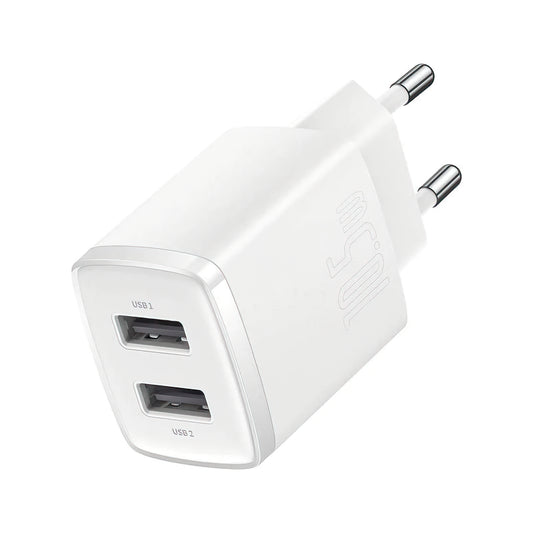Carregador de Rede Baseus Compact, 10.5W, 2.1A, 2 x USB-A, Branco CCXJ010202