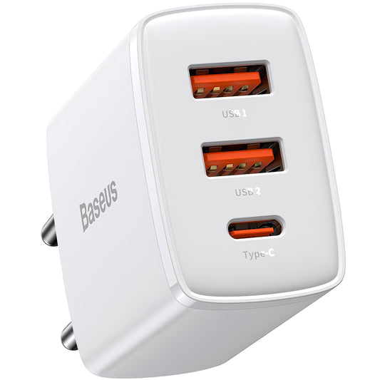 Carregador de rede Baseus Compact, 30W, 1 x USB-C - 2 x USB-A, branco CCXJ-E02 