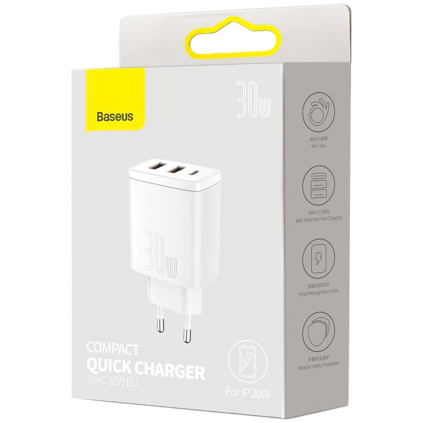 Carregador de rede Baseus Compact, 30W, 1 x USB-C - 2 x USB-A, branco CCXJ-E02 