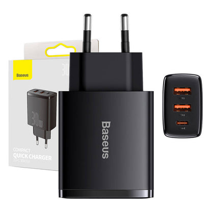 Carregador de rede compacto Baseus, 30W, 3A, 1 x USB-C - 2 x USB-A, preto CCXJ-E01