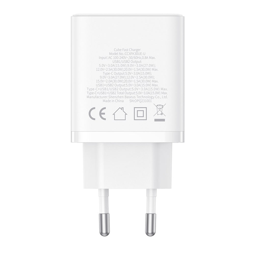 Carregador de Rede Baseus Cube, 30W, 3A, 2 x USB-A - 1 x USB-C, Branco P10111402213-00