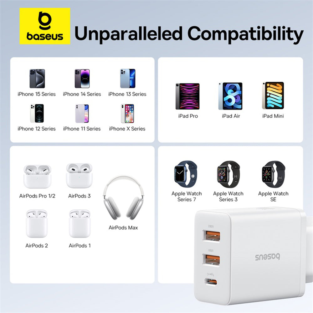 Carregador de Rede Baseus Cube, 30W, 3A, 2 x USB-A - 1 x USB-C, Branco P10111402213-00