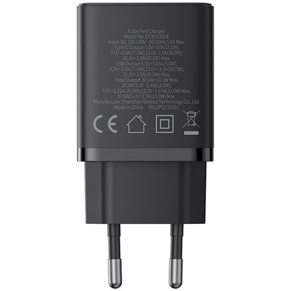 Carregador de rede Baseus Cube, 30 W, 2,4 A, 1 x USB-A - 1 x USB-C, preto P10111404113113-00 