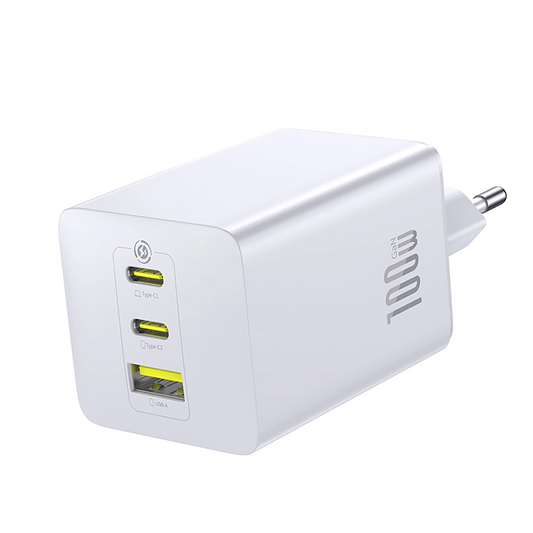 Carregador de Rede Baseus EnerFill FE11, 100W, 5A, 1 x USB-A - 2 x USB-C, Branco P10182102213-00