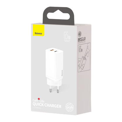 Carregador de rede Baseus GaN2 Lite, 65W, 3A, 1 x USB-A - 1 x USB-C, branco CCGAN2L-B02 