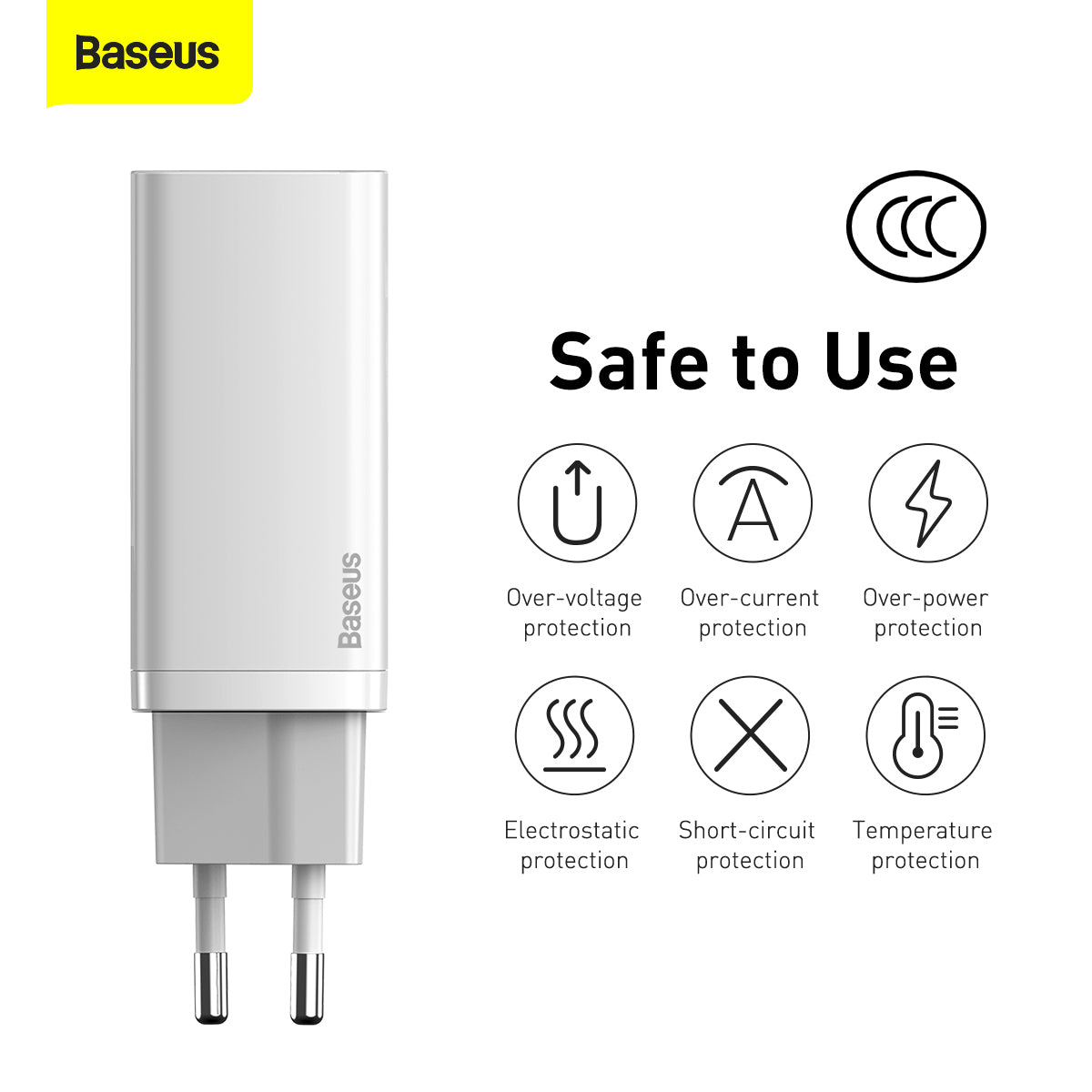 Carregador de rede Baseus GaN2 Lite, 65W, 3A, 1 x USB-A - 1 x USB-C, branco CCGAN2L-B02 