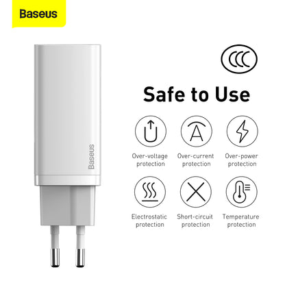 Carregador de rede Baseus GaN2 Lite, 65W, 3A, 1 x USB-A - 1 x USB-C, branco CCGAN2L-B02 