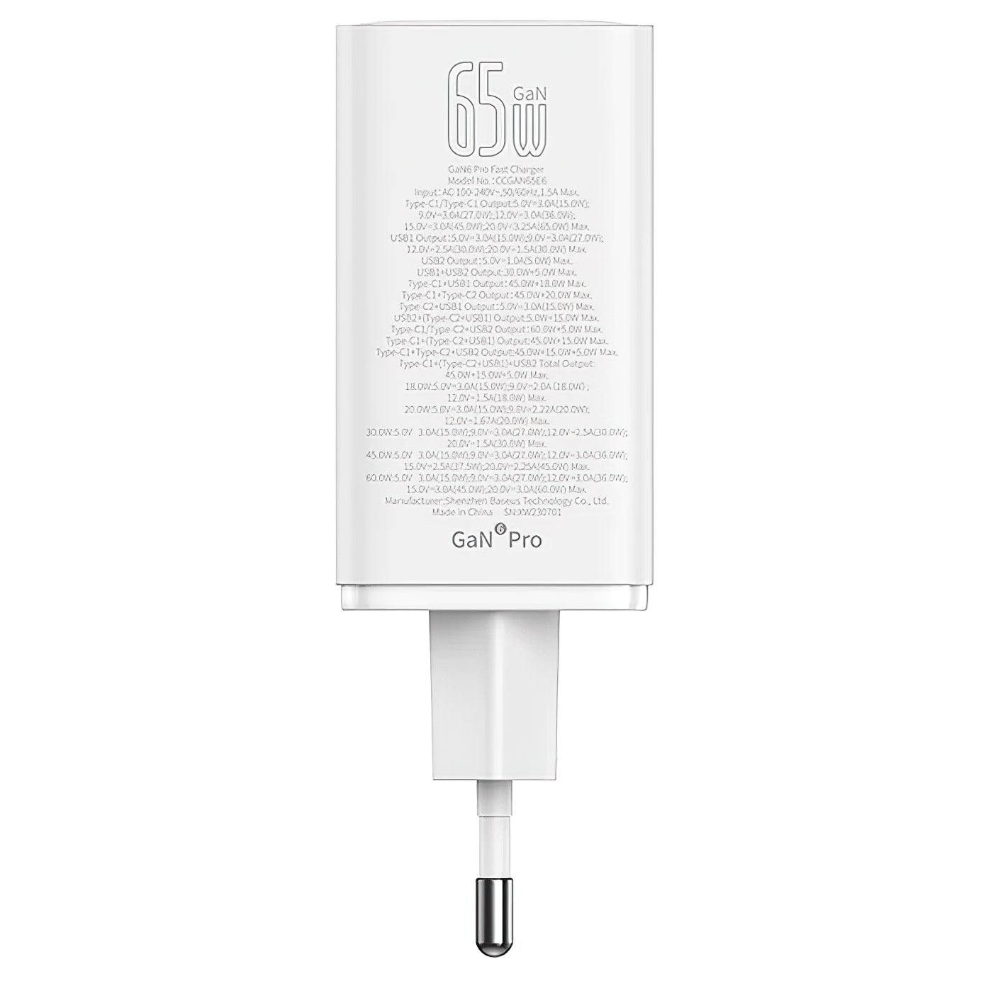 Carregador de rede Baseus GaN6 Pro, 65W, 3,25A, 2 x USB-A - 2 x USB-C, branco 