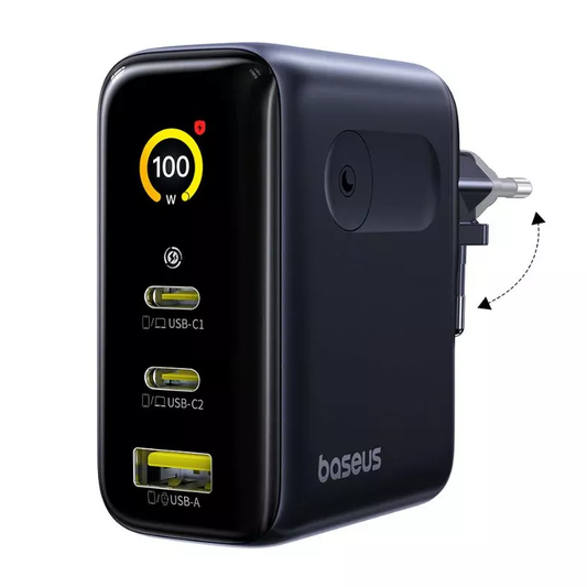 Carregador de Rede Baseus PicoGo AE21 Display, 100W, 5A, 1 x USB-A - 2 x USB-C, Preto E0121B00