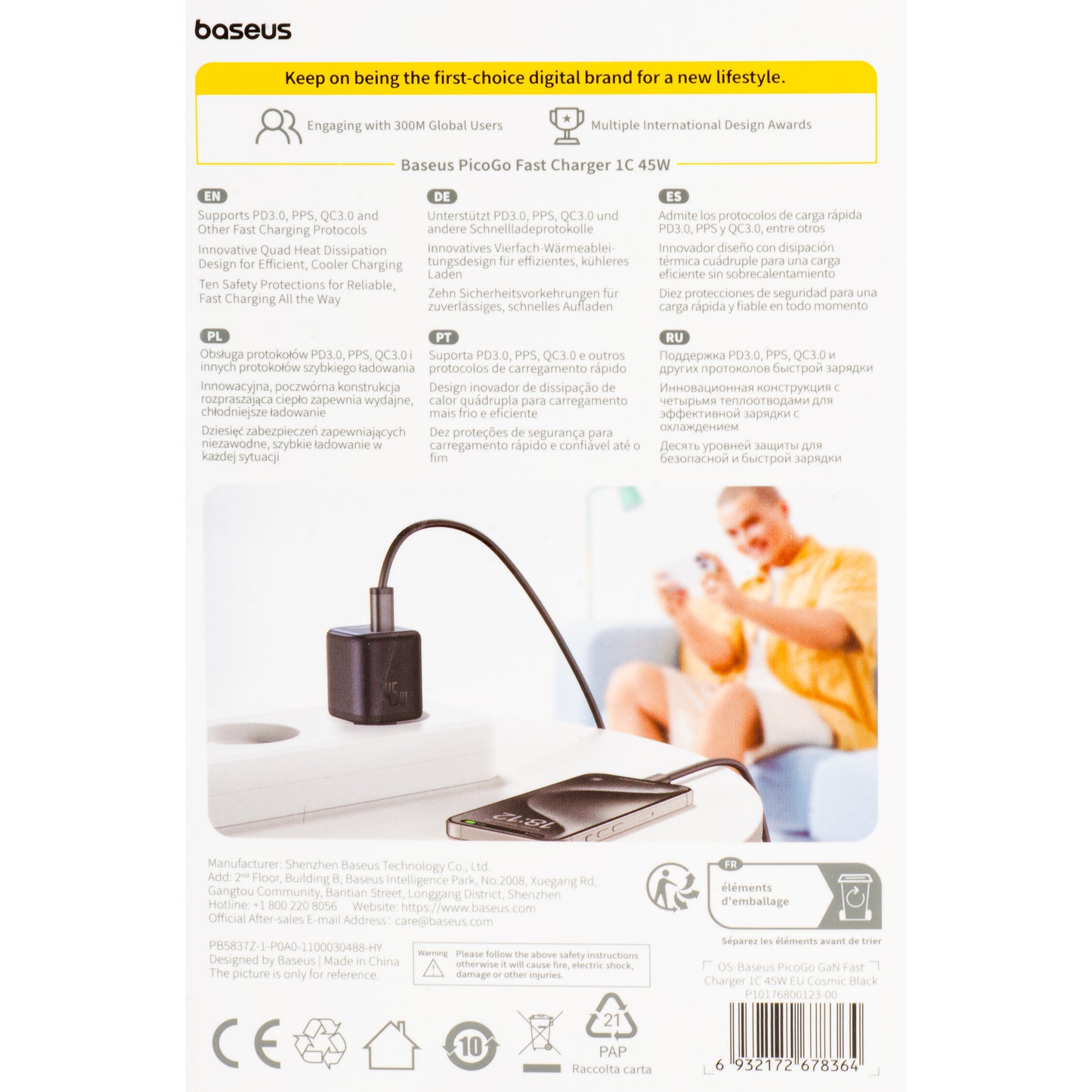 Carregador de Rede Baseus PicoGo, 45W, 3A, 1 x USB-C, Preto P10176800123-00