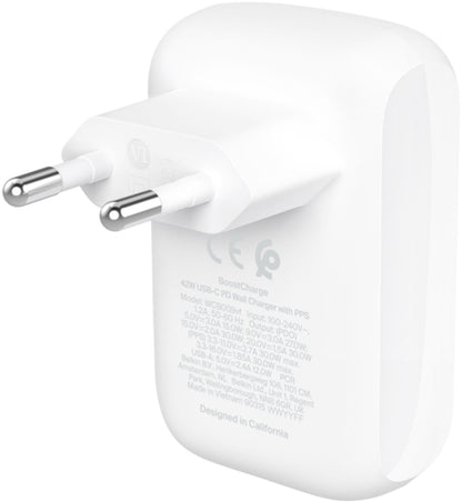 Carregador de Rede Belkin BoostCharge Dual, 42W, 3A, 1 x USB-A - 1 x USB-C, Branco WCB009vfWH