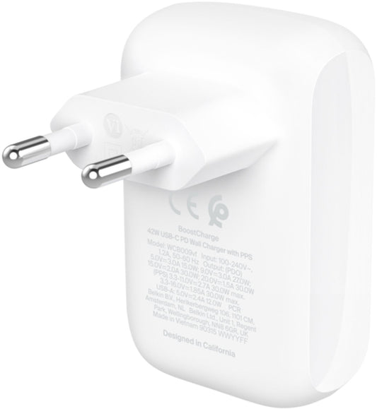 Carregador de Rede Belkin BoostCharge Dual, 42W, 3A, 1 x USB-A - 1 x USB-C, Branco WCB009vfWH