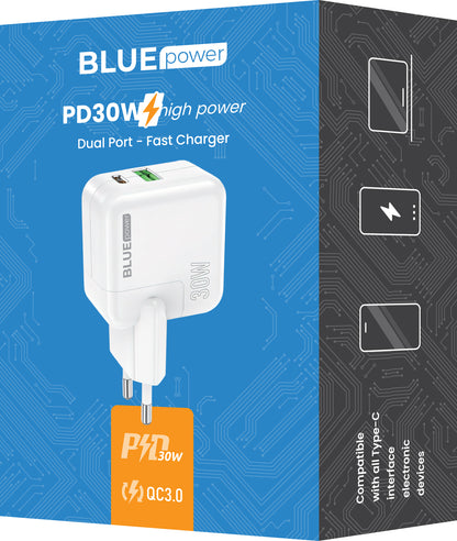 Carregador de rede BLUE Power BC111A, 30W, 3A, 1 x USB-A - 1 x USB-C, branco 